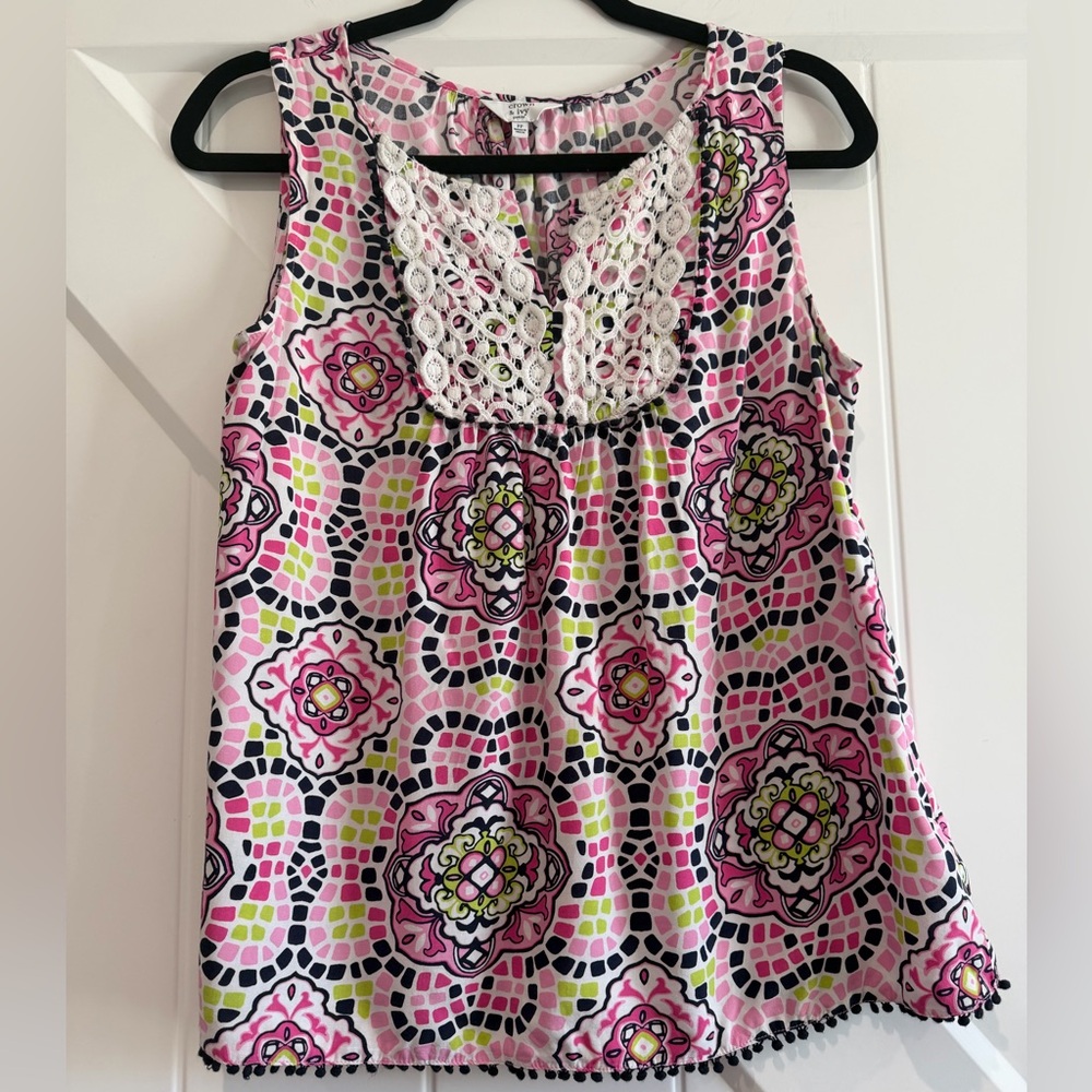 crown & ivy Pink Floral Mosaic Sleeveless Top with White Crochet Yoke